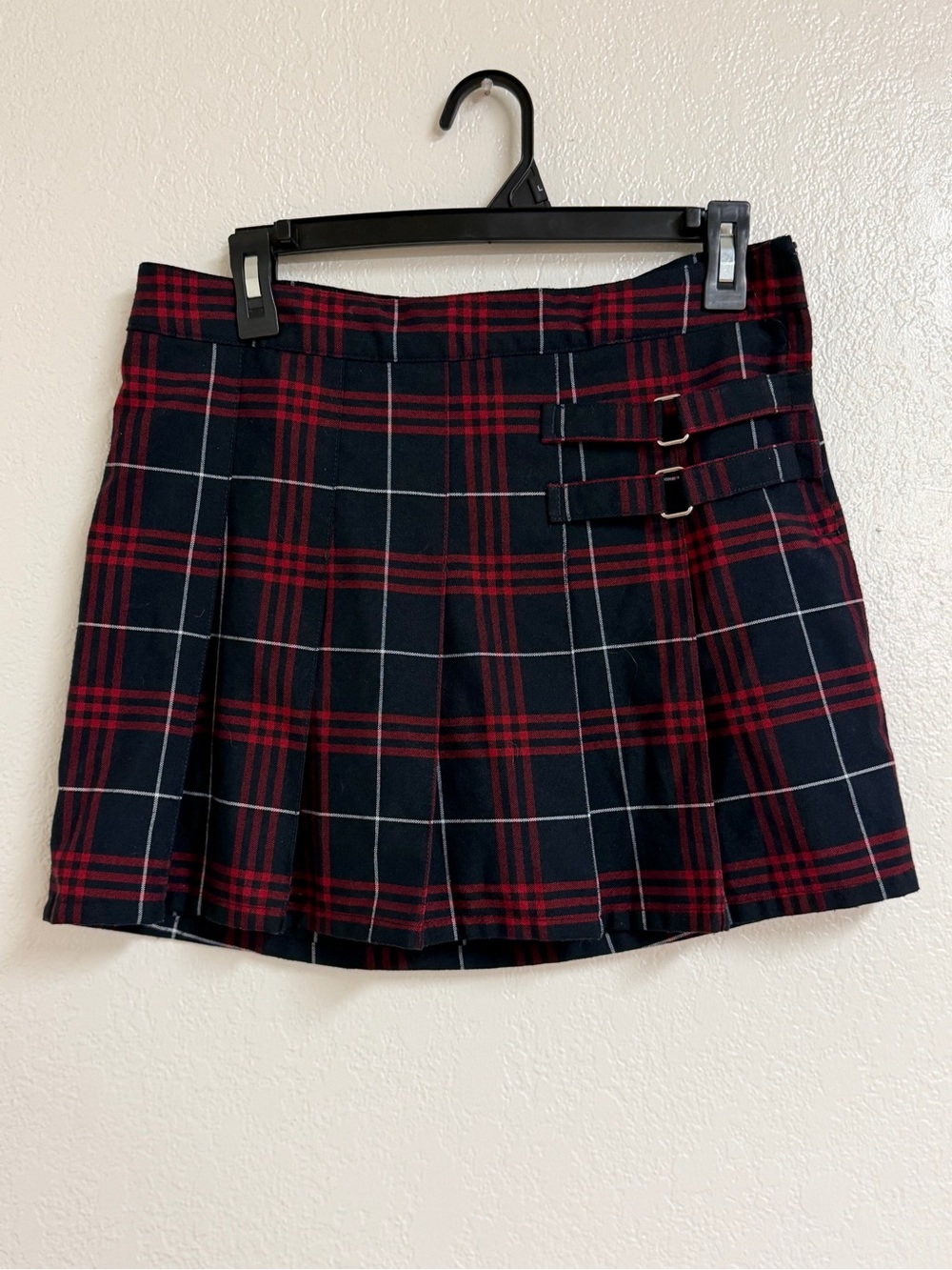 French Toast Red and Navy Plaid Pleated Mini Skirt with Buckles